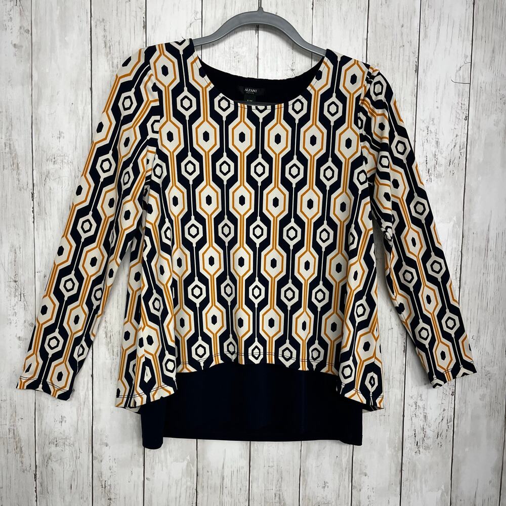 Alfani Long Sleeve Stretch Layered Geometric Dressy Flowy Blouse Shirt Petite M